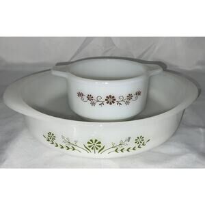 GLASBAKE 8” GREEN CRAZY DAISY PYRO-O-REY BROWN 6” BROWN DAISY CASSEROLE DISHES